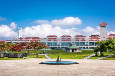 ITOMAN, OKINAWA, JAPAN - MARCH 24, 2017: Fountain and courtyard at Okinawa Prefectural Peace Memorial Museum. The museum was established in 1975 on Mabuni Hill.